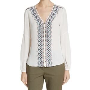 Veronica Beard Dream Long Sleeve Embroidered Silk Blouse Off White